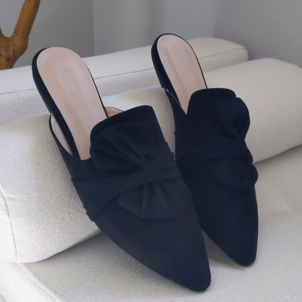 Black Bow Suede Flat Mules